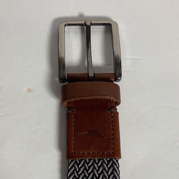 Tommy Bahama Leather Trim Woven Stretch Belt Blue Tan Braided Elastic Size S/M - Picture 5 of 9